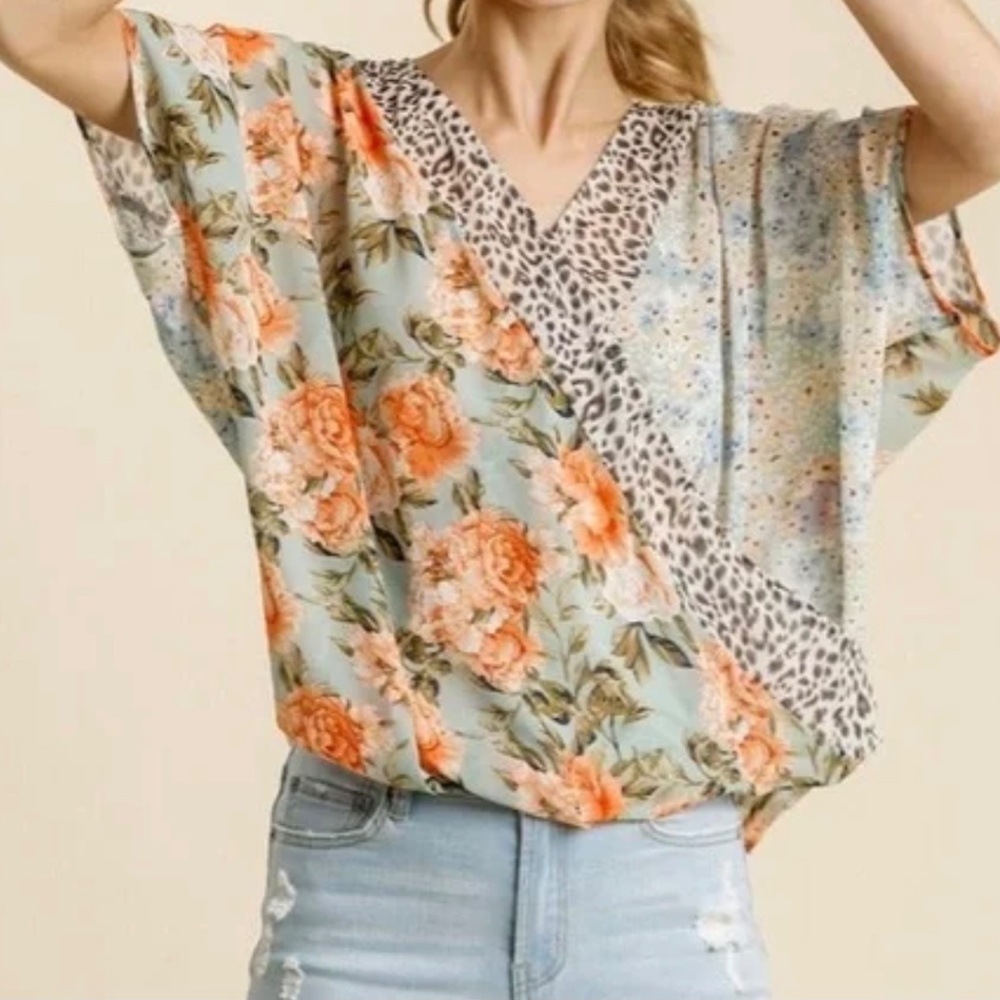 UMGEE - Sheer Sheer Mixed Print Overlap Top